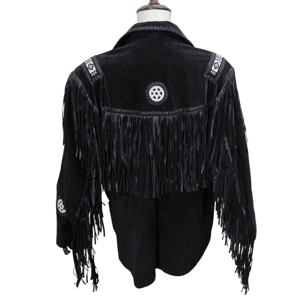 Vintage Scully Leather Western Black Fringed Jacket Beaded Detail Size 48 - Picture 3 of 14
